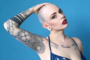 women, Armpits, Hands On Head, Tattoo, Blue Background