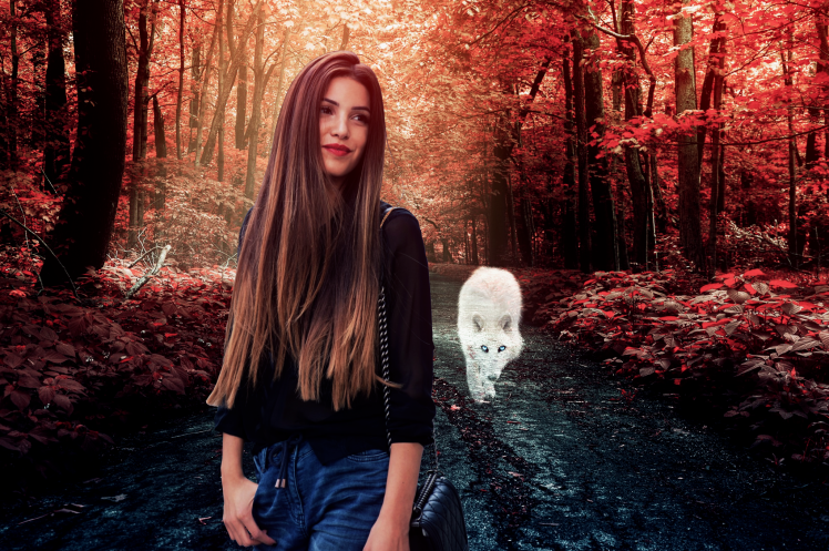 women, Wolf, Landscape, Forest, Redhead HD Wallpaper Desktop Background