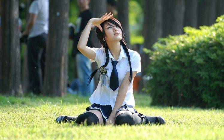 Women School Uniform Schoolgirls Asian Looking Up Dark