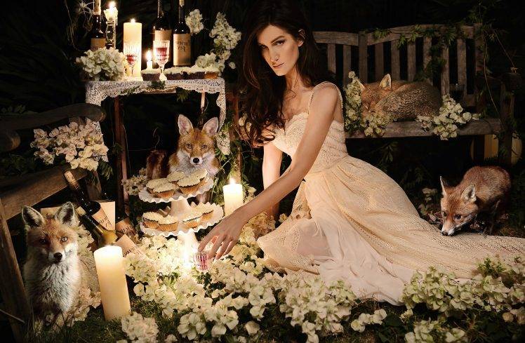 women, Model, Fox, White Flowers, Skinny, Bench, Candles, Bottles, Cupcakes, Bougainvillea HD Wallpaper Desktop Background