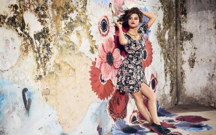 Selena Gomez, Floral, Against Wall, Hands On Head, Flowers, Abandoned HD Wallpaper Desktop Background