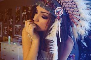 brunette, Feathers, Melanie Iglesias, Headdress