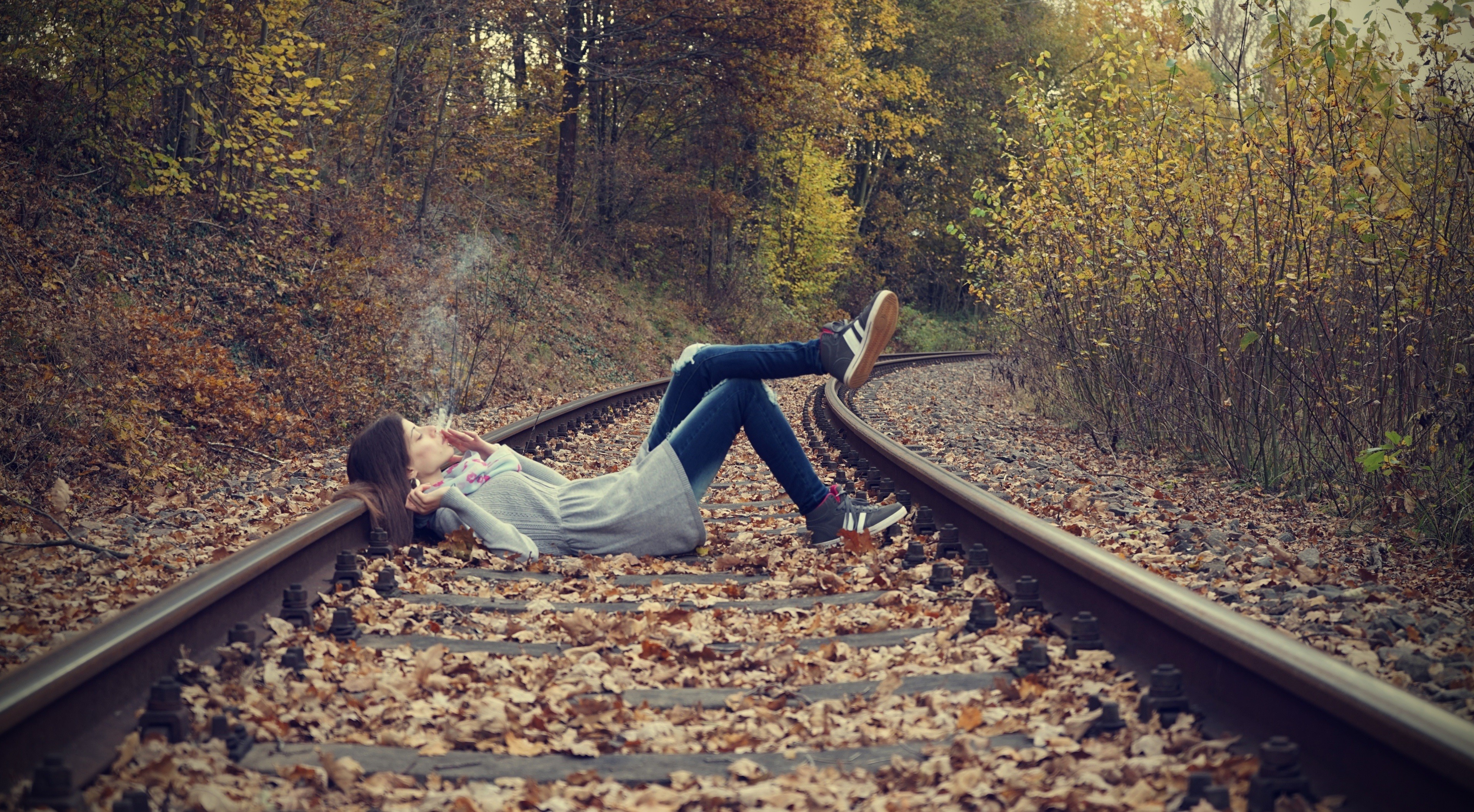 women, Lying Down, Railway, Brunette Wallpaper