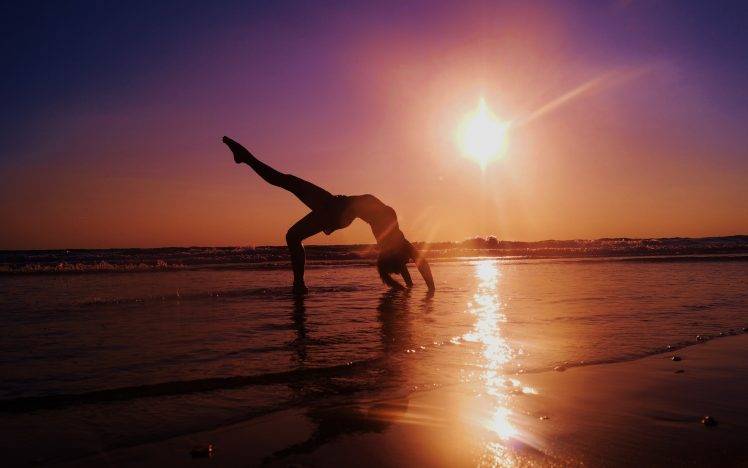 women, Stretching, Sunset, Beach HD Wallpaper Desktop Background