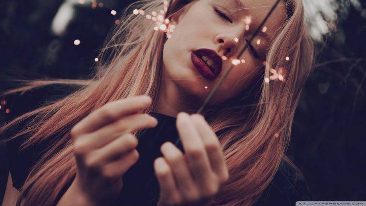 women, Blonde, Brunette, Lips, Closed Eyes, Red Lipstick HD Wallpaper Desktop Background