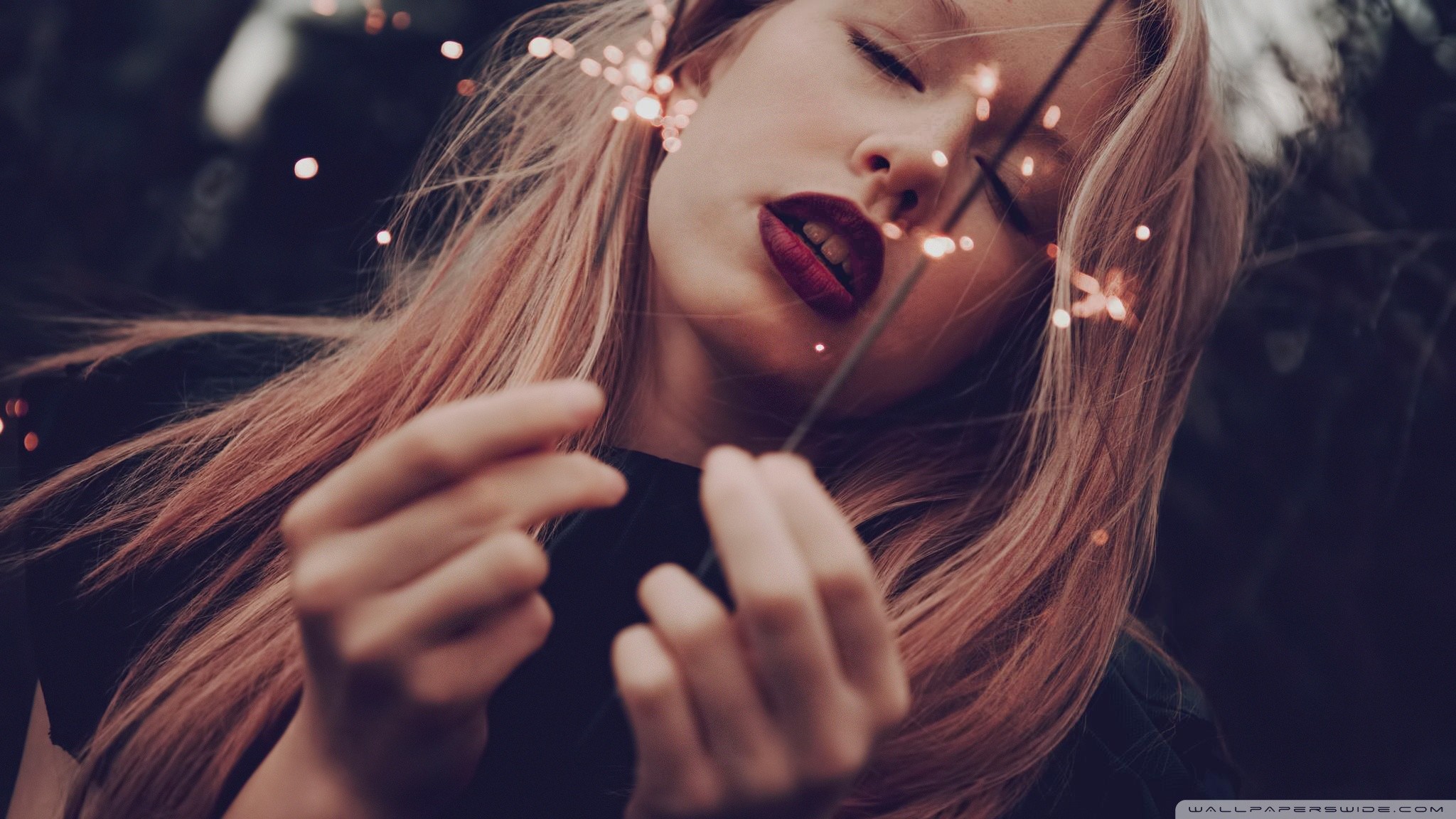 women, Blonde, Brunette, Lips, Closed Eyes, Red Lipstick Wallpaper