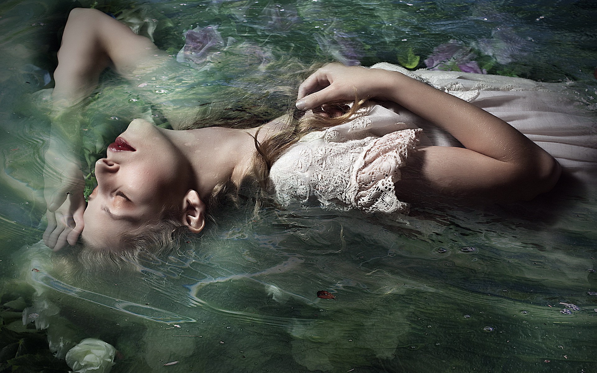 women, Lying On Back, Water, Closed Eyes, Swimming, White Dress Wallpaper