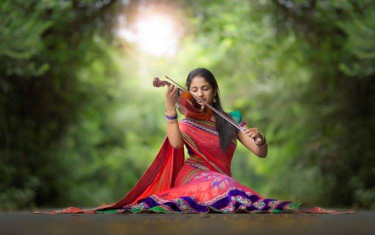 saree, Women, Violin HD Wallpaper Desktop Background