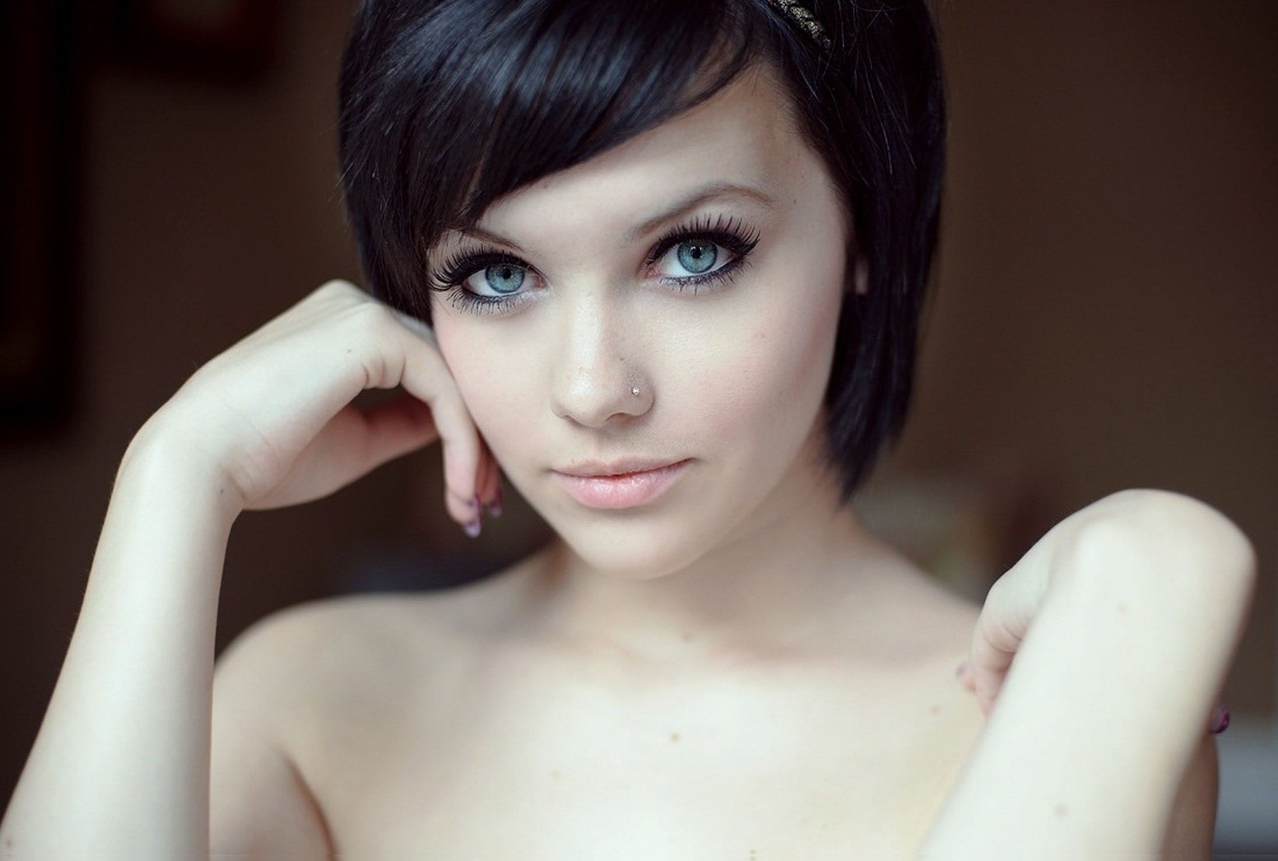 Dark-haired woman with blue eyes wearing a cozy sweater - wide 9