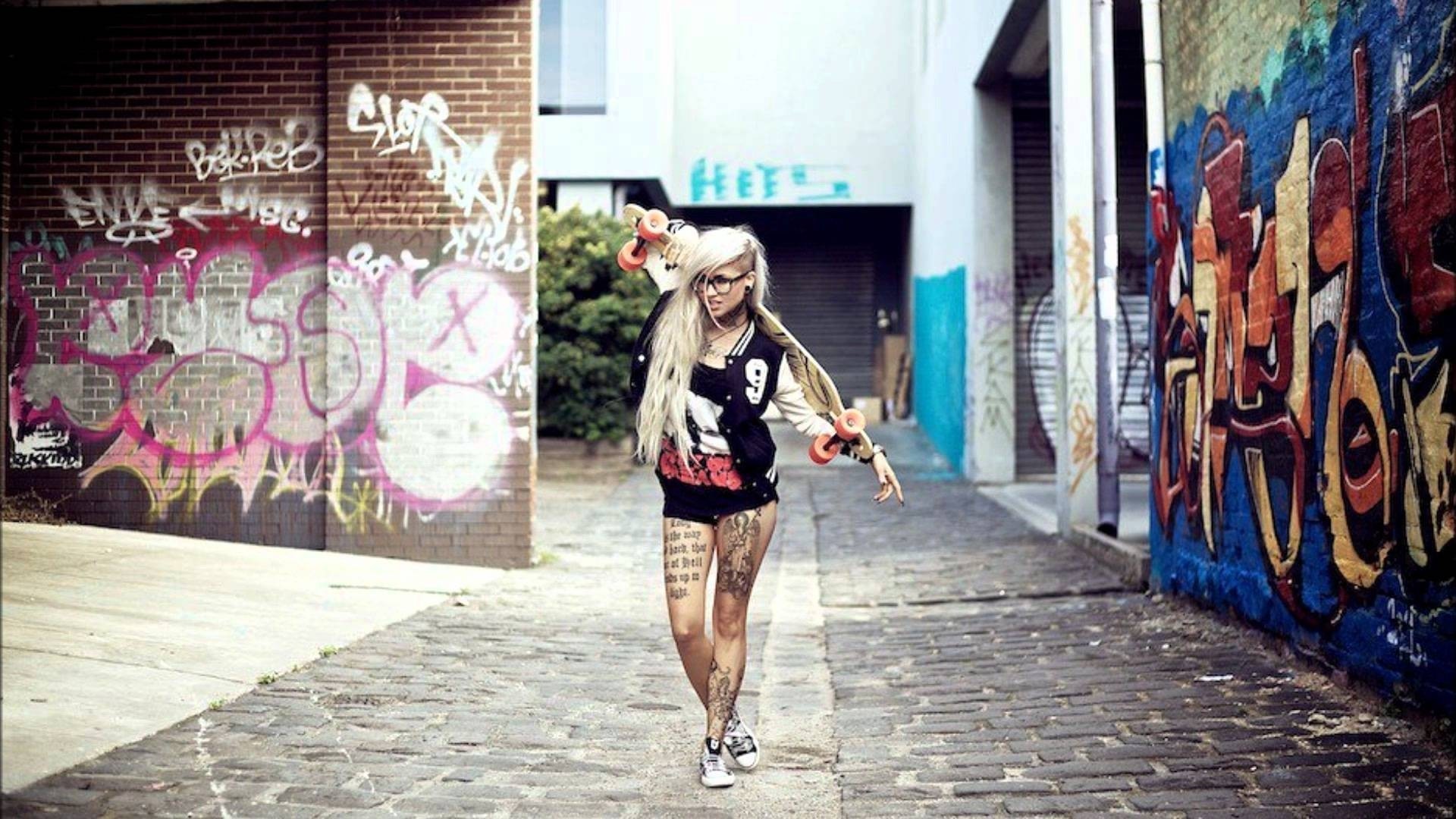 women, Tattoo, Graffiti, Longboards Wallpaper