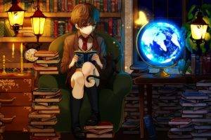 anime books original characters library cat globes