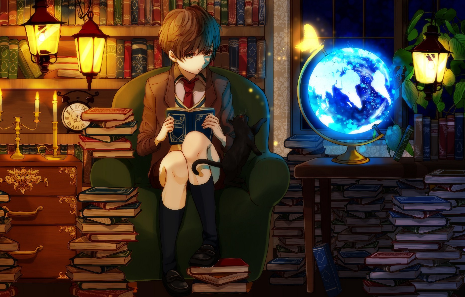 anime books original characters library cat globes Wallpaper