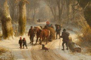 painting classic art peasants children dirt road horse log dog trees forest snow
