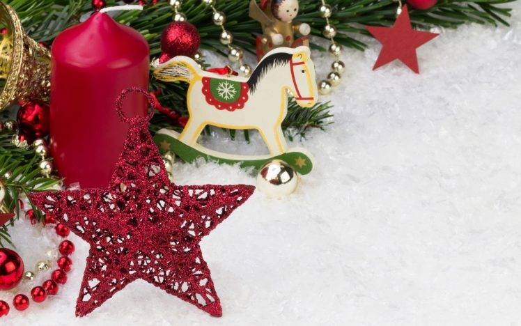 new year snow horse decorations stars candles christmas ornaments HD Wallpaper Desktop Background