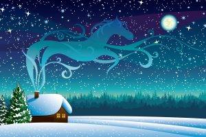 snow cottage night horse vector art pine trees