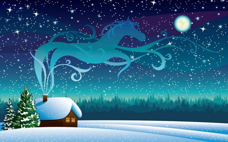 snow cottage night horse vector art pine trees HD Wallpaper Desktop Background