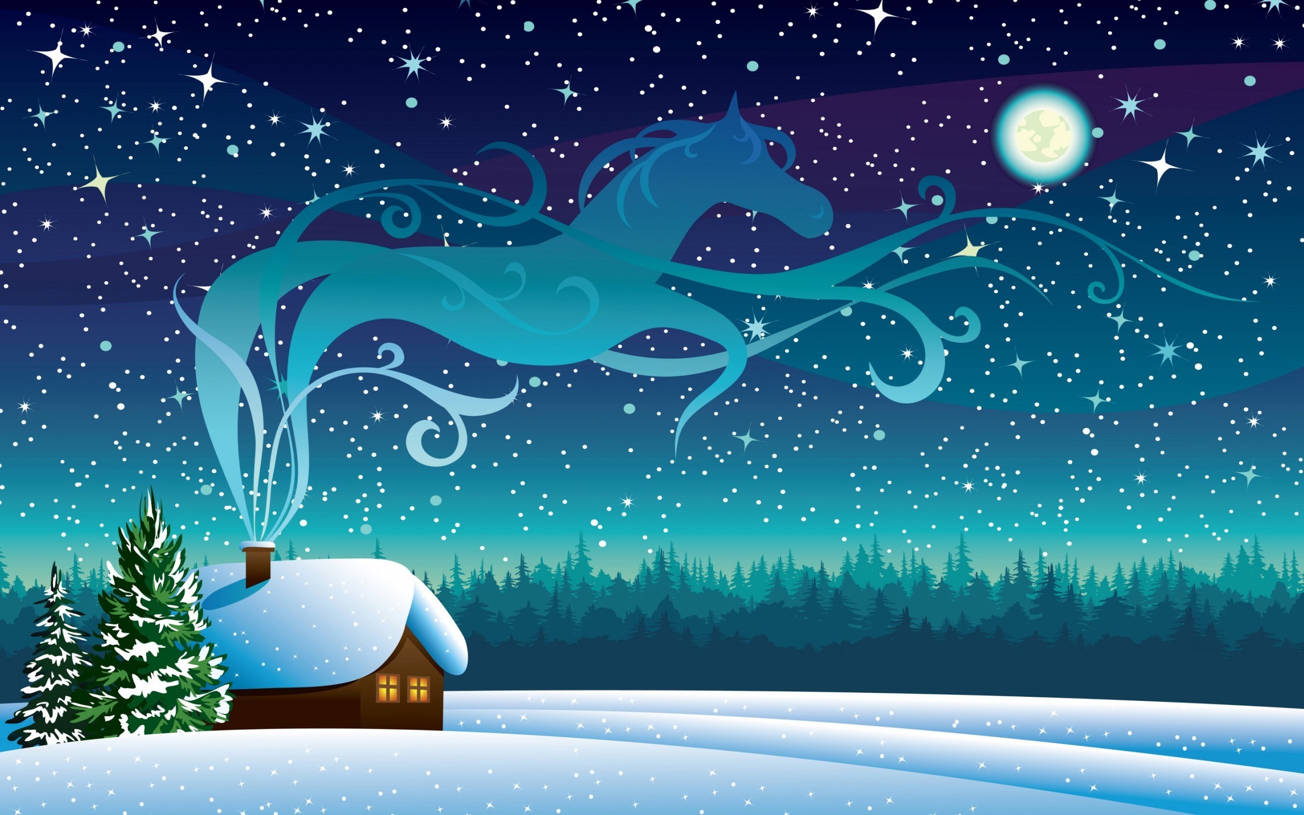 snow cottage night horse vector art pine trees Wallpaper