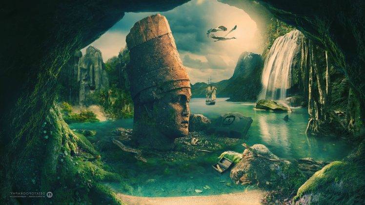 maya civilization sailing ship birds cave desktopography HD Wallpaper Desktop Background