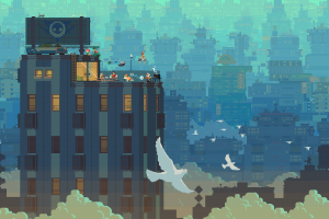 pixel art cityscape birds super time force