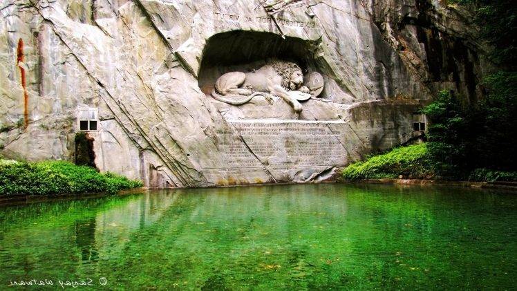 sculpture pond latin statue lion lion of lucerne HD Wallpaper Desktop Background
