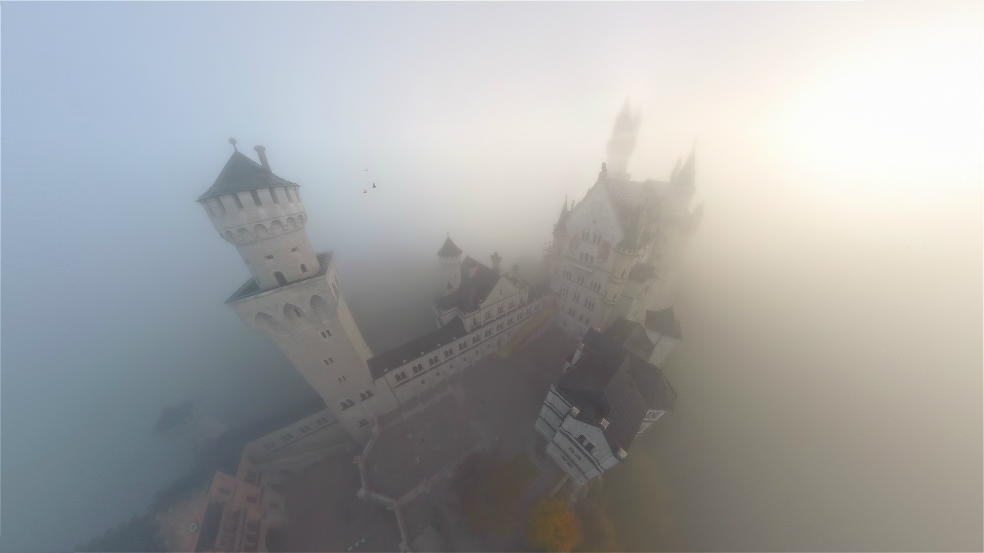 architecture castle germany neuschwanstein castle mist tower birds eye view aerial view birds Wallpaper