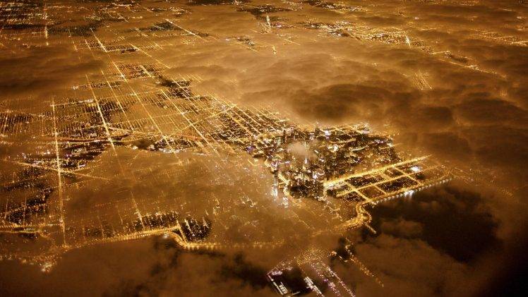 aerial view birds eye view night cityscape chicago usa clouds lights street HD Wallpaper Desktop Background
