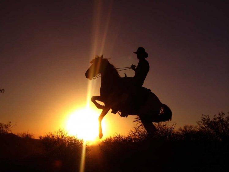 sunset cowboys horse silhouette sun rays HD Wallpaper Desktop Background