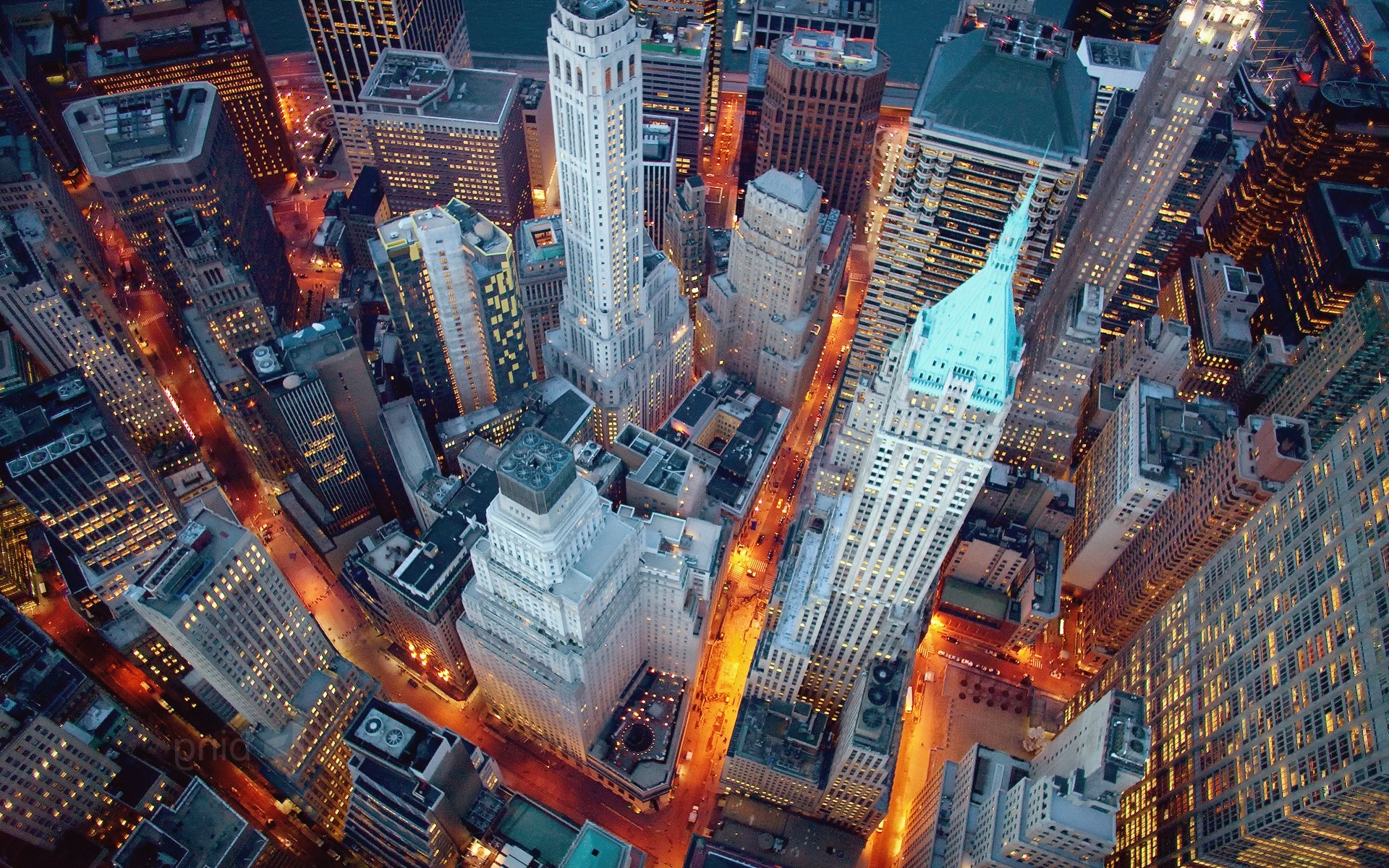 cityscape architecture building new york city usa skyscraper evening street street light birds eye view long exposure Wallpaper