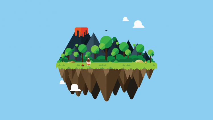 floating island island adobe illustrator lava vulcano monkeys minimalism HD Wallpaper Desktop Background