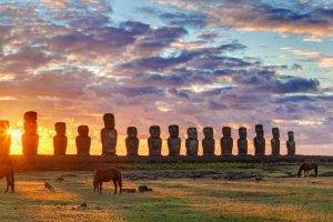 easter island chile moai statue horse grass clouds yellow green sea rapa nui