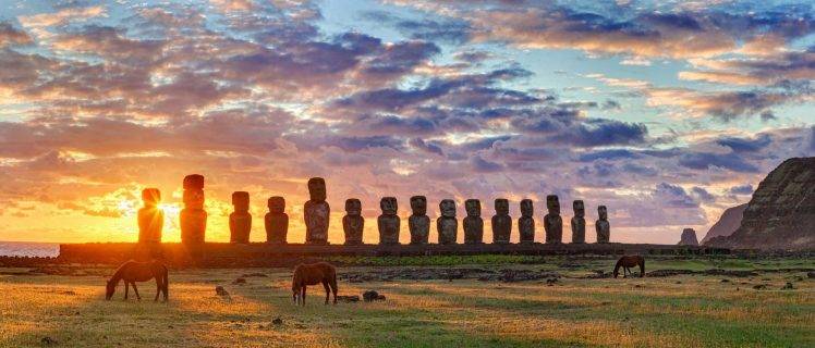 easter island chile moai statue horse grass clouds yellow green sea rapa nui HD Wallpaper Desktop Background