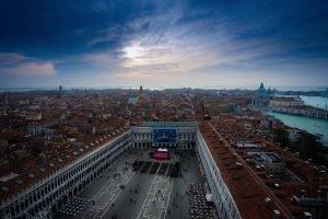 cityscape city architecture building clouds water venice italy old building town square rooftops church cathedral sun birds eye view