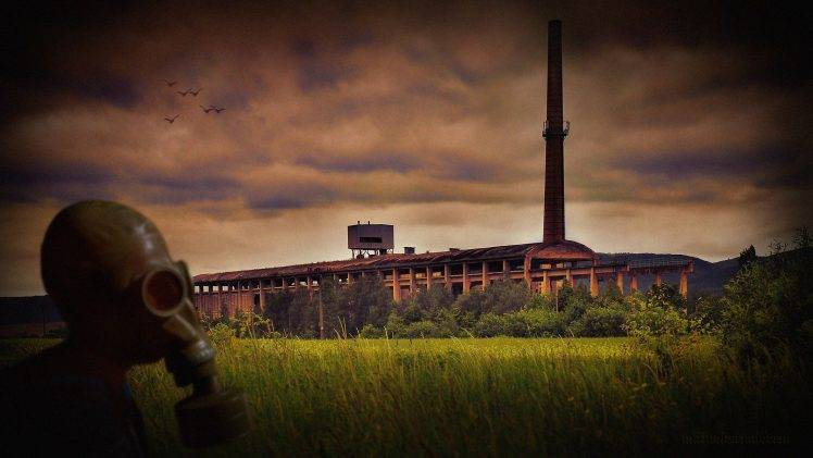 architecture factories chimneys abandoned bricks gas masks men grass field clouds birds trees HD Wallpaper Desktop Background