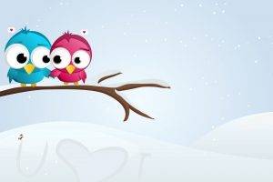 birds snow branch hearts