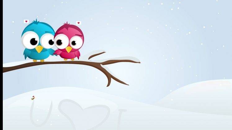 birds snow branch hearts HD Wallpaper Desktop Background