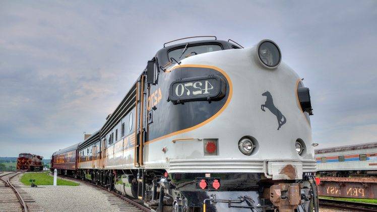 railway train vehicle pennsylvania usa diesel locomotives clouds horse rail yard HD Wallpaper Desktop Background
