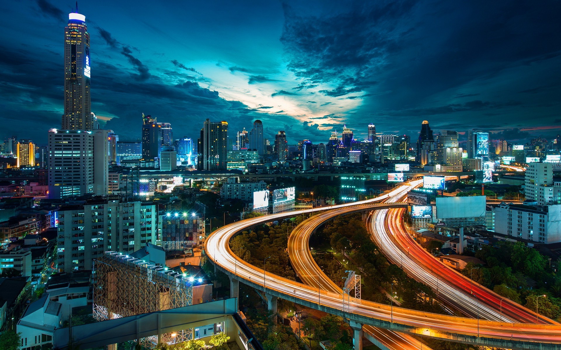 cityscape city architecture night building skyscraper lights street light  clouds bangkok light trails trees water billboards birds eye view road  Wallpapers HD / Desktop and Mobile Backgrounds