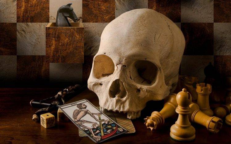 skull death playing cards chess dice pawns teeth horse checkered board games scythe cross jesus christ table wooden surface cube HD Wallpaper Desktop Background