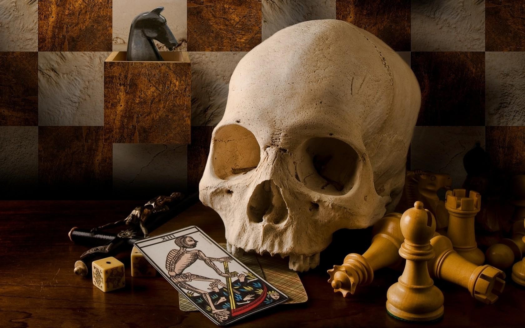 skull death playing cards chess dice pawns teeth horse checkered board