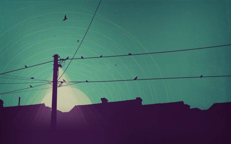 artwork sky rooftops sunrise birds HD Wallpaper Desktop Background