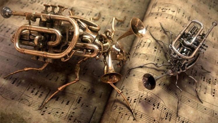 steampunk music trumpets insect HD Wallpaper Desktop Background