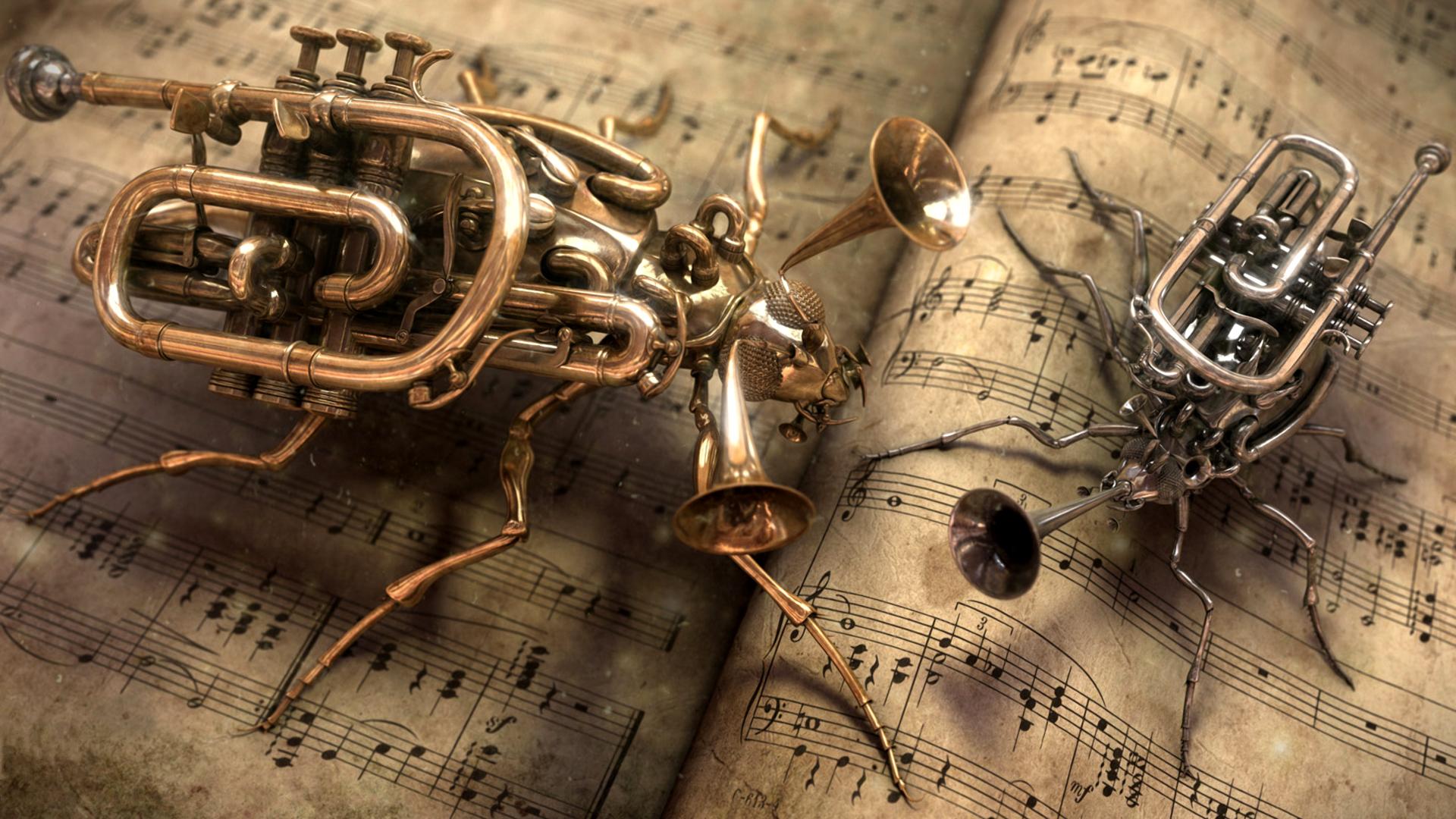 steampunk music trumpets insect Wallpaper