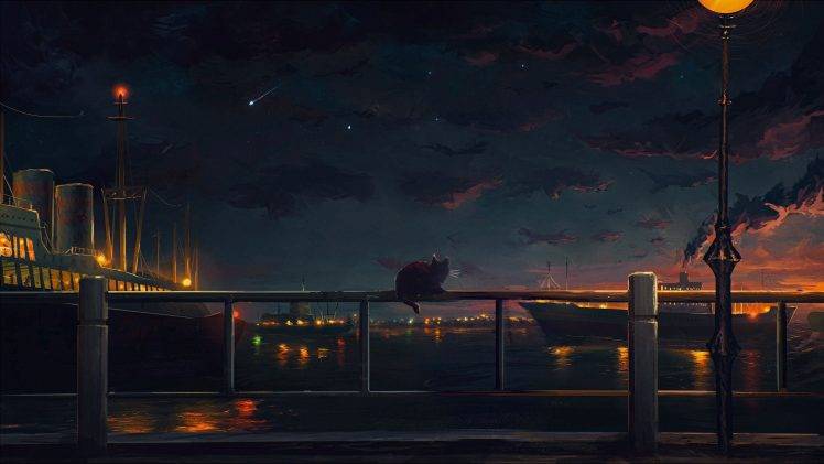 cat cityscape railing sunset ship stars HD Wallpaper Desktop Background