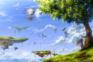 anime birds leaves trees floating island