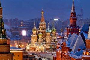 city cityscape architecture birds eye view building rooftops moscow russia capital snow winter evening cathedral red square lights street