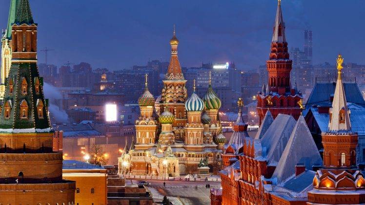 city cityscape architecture birds eye view building rooftops moscow russia capital snow winter evening cathedral red square lights street HD Wallpaper Desktop Background