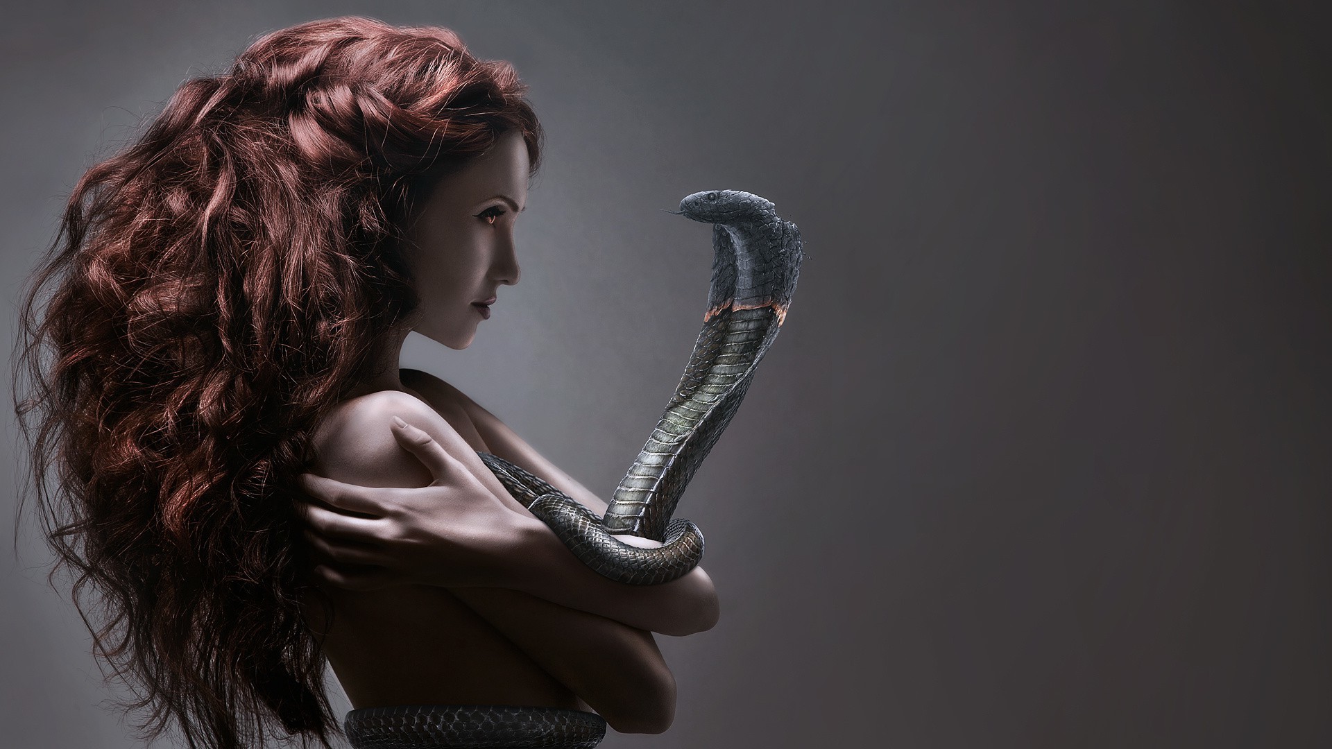 women redhead snake cobra drawing fantasy art Wallpaper