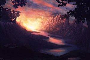 fantasy art castle mountain river cat sun clouds desktopography