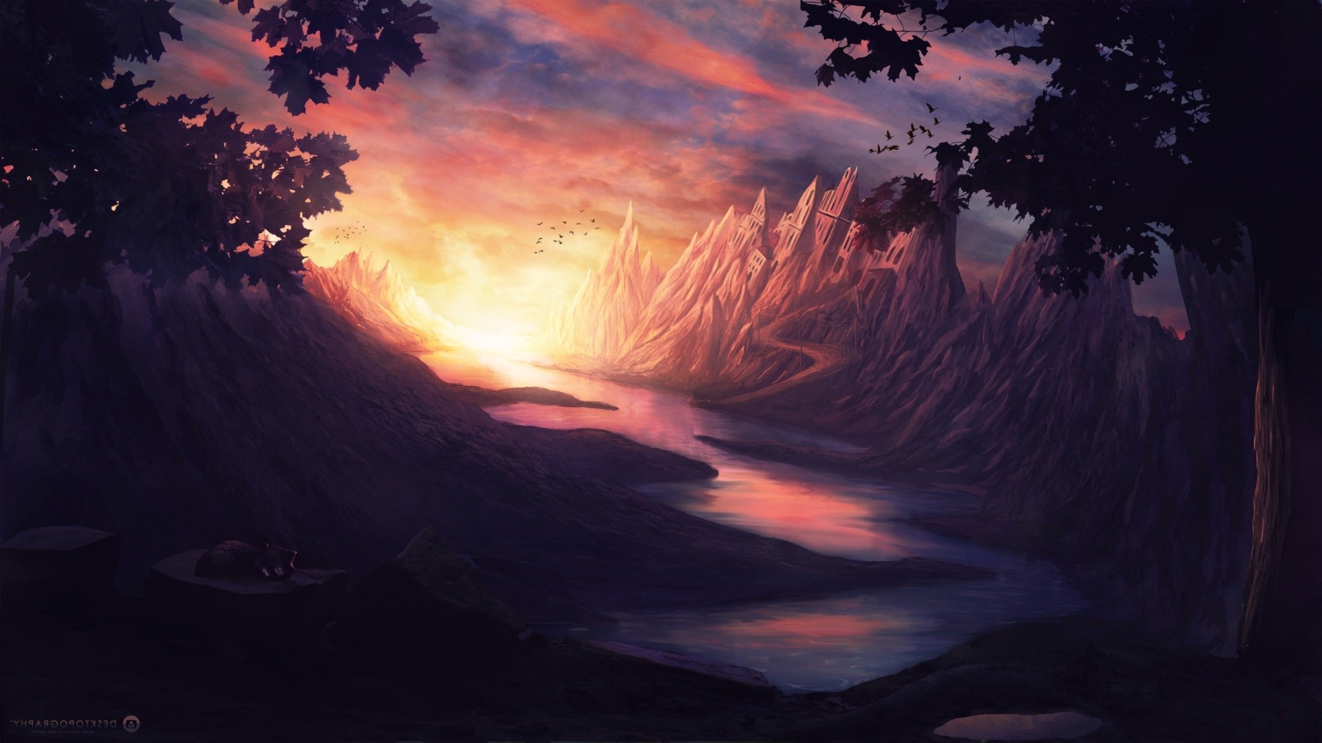 fantasy art castle mountain river cat sun clouds desktopography Wallpaper