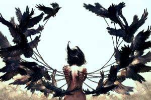 women back wings birds chains artwork
